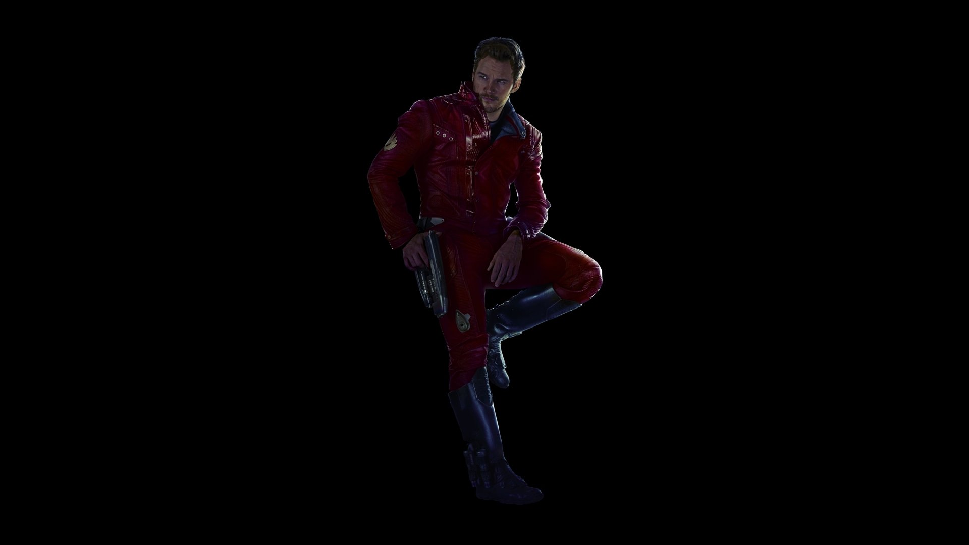 HD PC desktop wallpaper of a movie space hero in a red jacket crouching with a blaster against a black background, referencing Guardians of the Galaxy.
