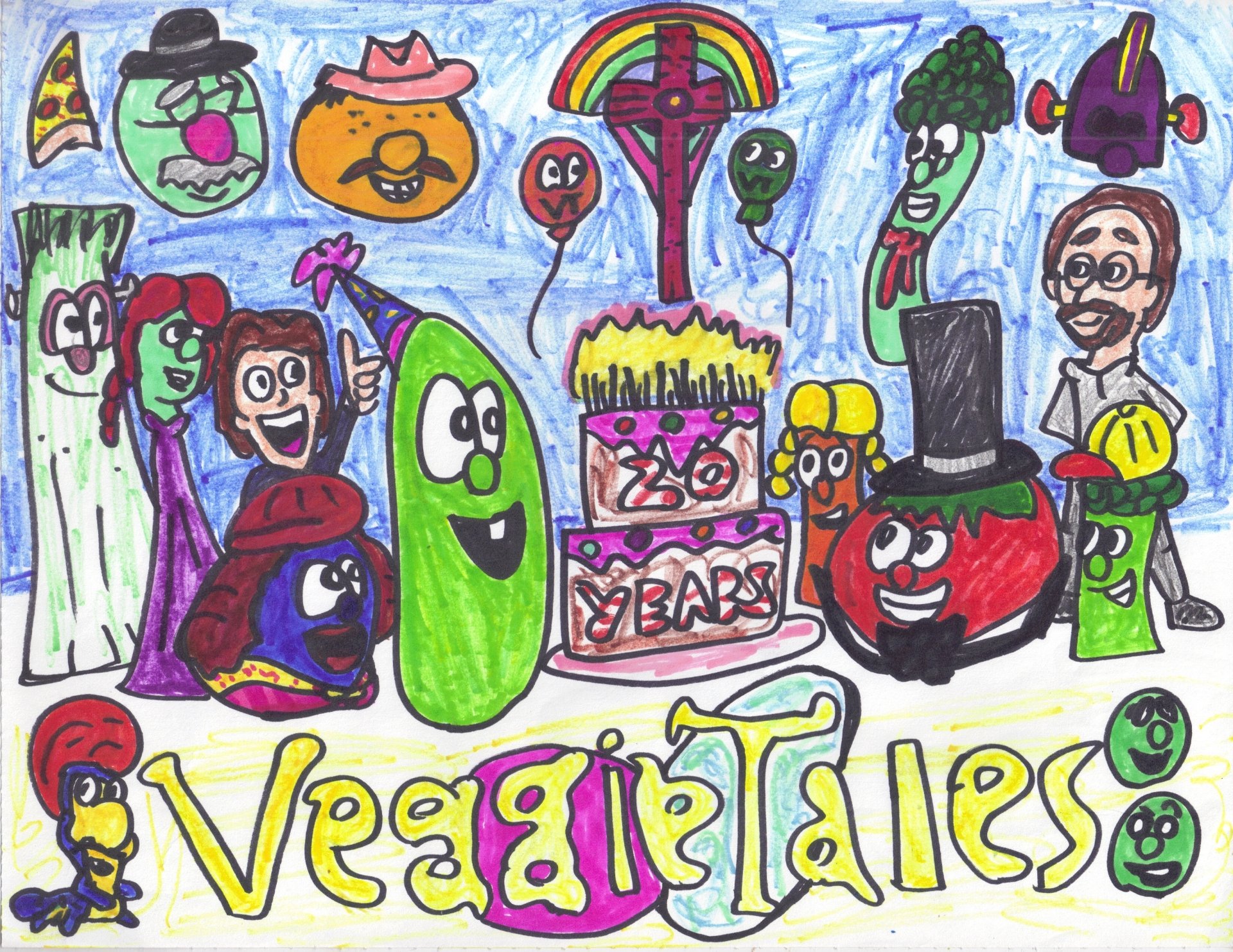 Colorful HD PC desktop wallpaper featuring animated characters from the VeggieTales TV show celebrating with a birthday cake.