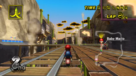 HD PC desktop wallpaper featuring a Mario Kart Wii race scene with Mario driving on wooden tracks in an industrial setting, showing race position and lap details.
