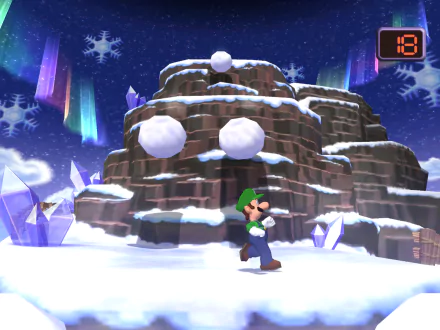 HD PC desktop wallpaper featuring Luigi in a snowy landscape from the video game Dance Dance Revolution: Mario Mix.