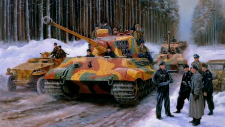 HD desktop wallpaper featuring a colorful military tank and soldiers in a snowy forest backdrop.