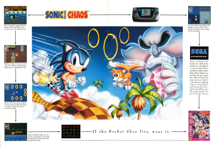 HD PC desktop wallpaper of the video game Sonic Chaos: Sonic and Tails leaping over checkerboard islands with golden rings, palm trees and a looming robot villain against a bright blue sky.