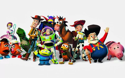 A vibrant HD wallpaper featuring beloved characters from Pixar's Toy Story and Toy Story 2, showcasing Woody, Buzz Lightyear, and the entire gang in a playful group portrait.