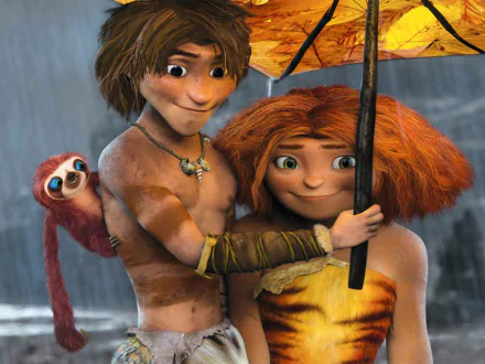 HD desktop wallpaper featuring Guy and Eep from the movie The Croods, with Guy holding an umbrella and Eep smiling beside him.