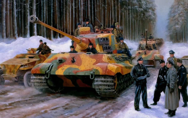 HD desktop wallpaper featuring a colorful military tank and soldiers in a snowy forest backdrop.