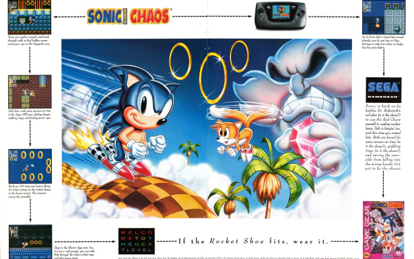 HD PC desktop wallpaper of the video game Sonic Chaos: Sonic and Tails leaping over checkerboard islands with golden rings, palm trees and a looming robot villain against a bright blue sky.