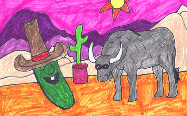 VeggieTales TV show 2K Quad HD PC desktop wallpaper: smiling cucumber in a cowboy hat beside a bull and cactus in a colorful desert with purple mountains.