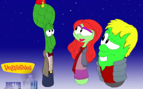 VeggieTales TV show 2K Quad HD PC desktop wallpaper: three stylized veggie characters, an asparagus, a red-haired female and a blond male, smiling against a starry blue gradient sky.