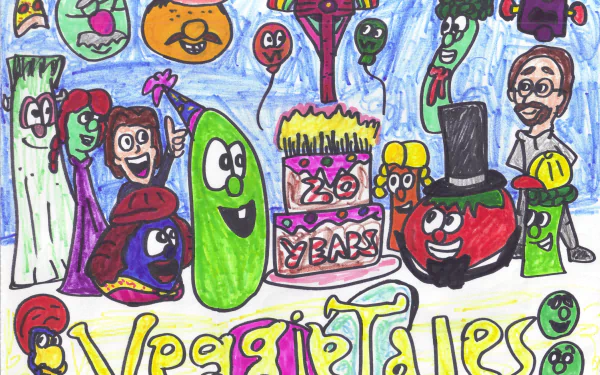 Colorful HD PC desktop wallpaper featuring animated characters from the VeggieTales TV show celebrating with a birthday cake.