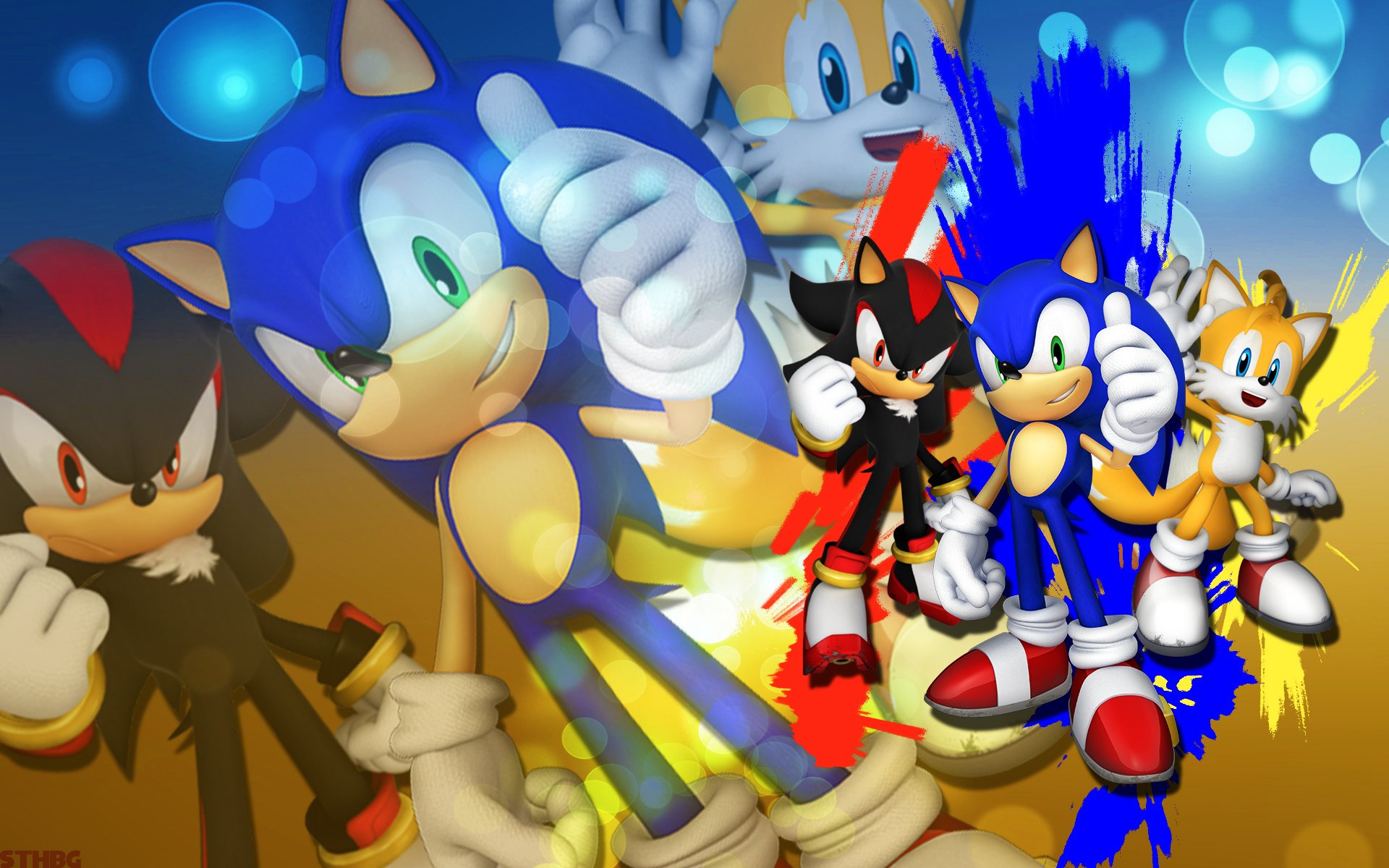 HD PC desktop wallpaper featuring Sonic the Hedgehog, Miles Tails Prower, and Shadow the Hedgehog from the video game Sonic & Sega All-Stars Racing.