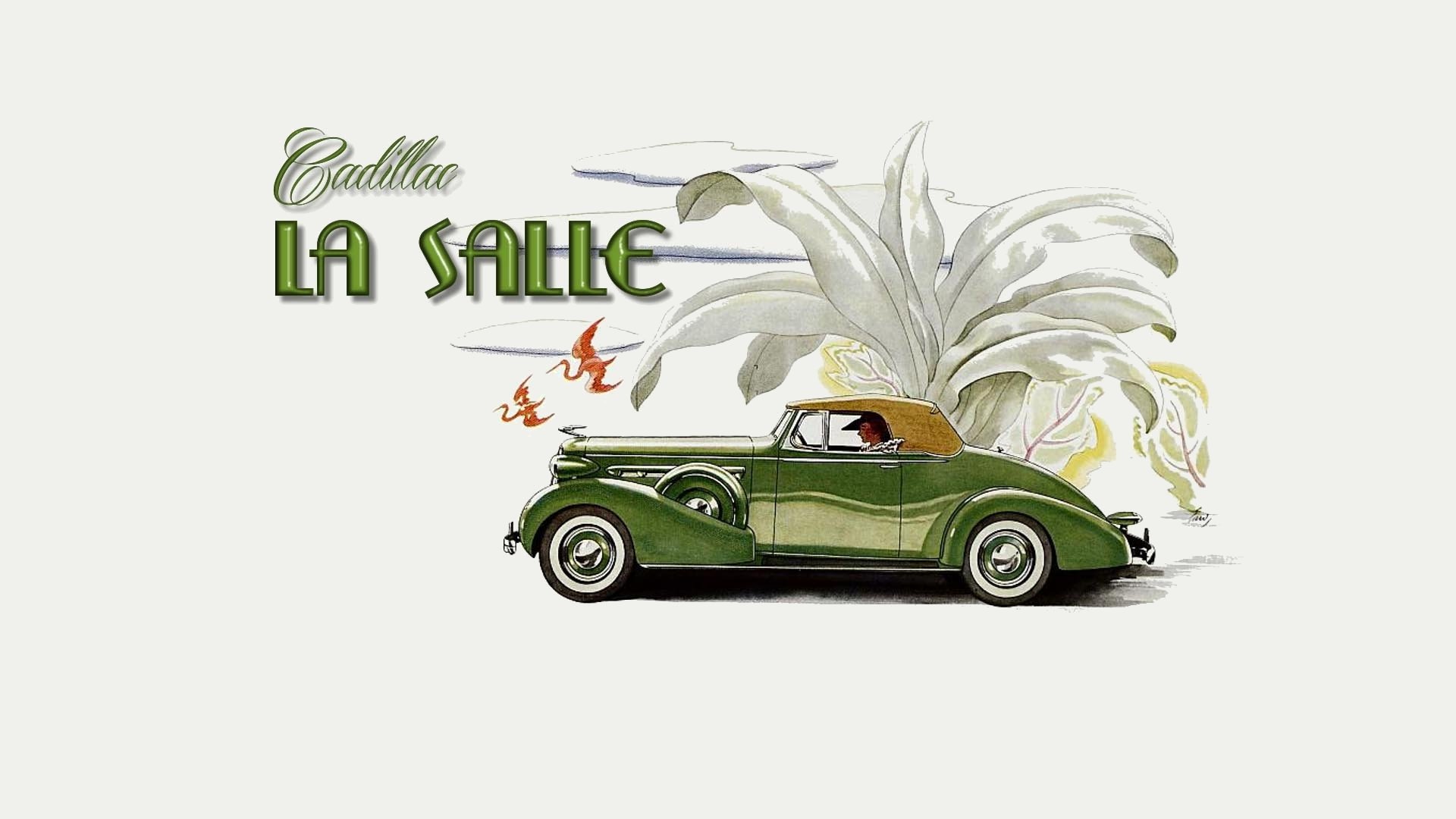 Vintage green Cadillac LaSalle coupe illustration with decorative palm leaves and gold script, rendered as an HD PC desktop wallpaper and background.