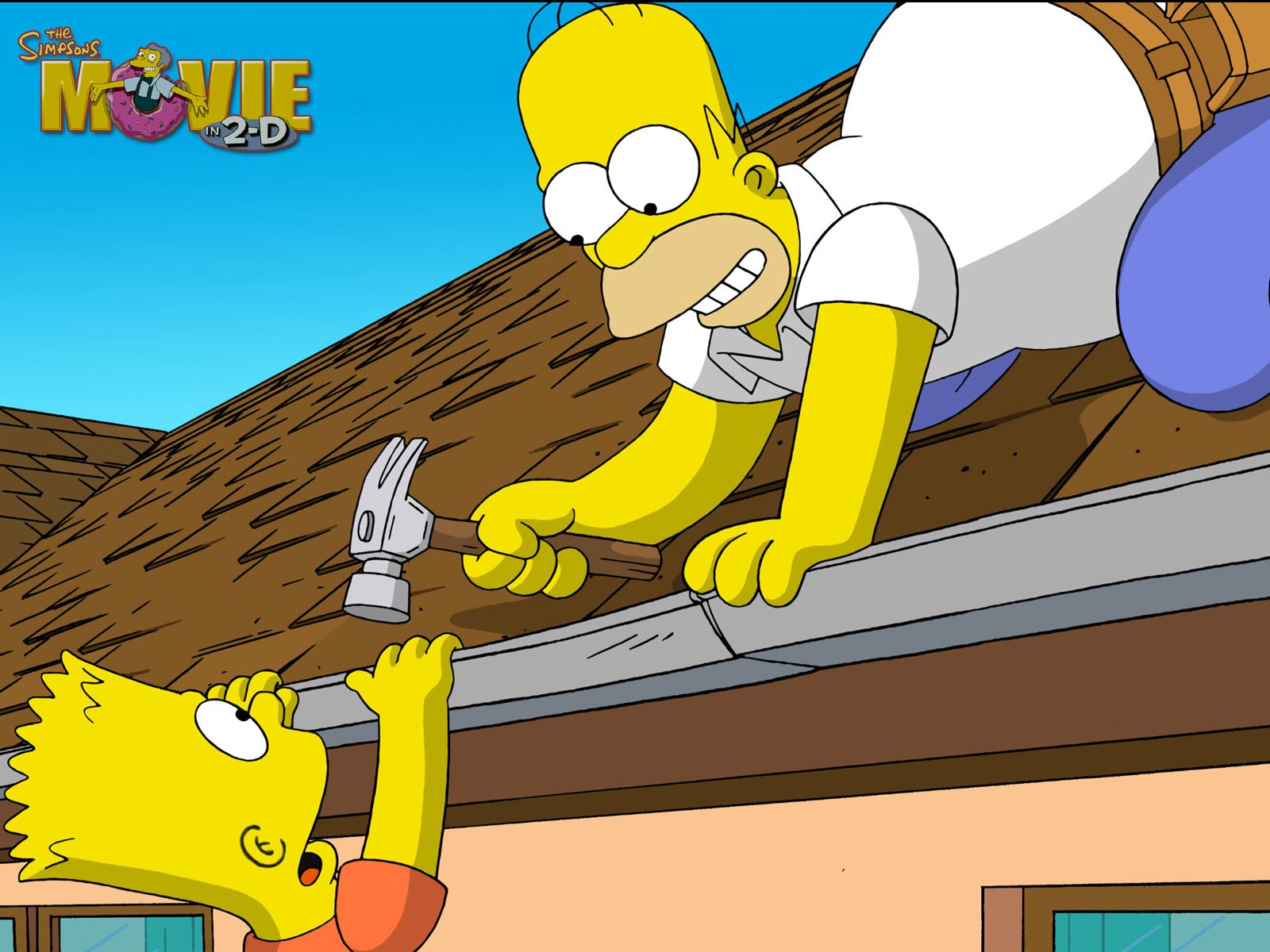 The Simpsons Movie HD PC desktop wallpaper: Homer on a roof hammering a nail while Bart reaches up holding the gutter below, bright cartoon scene from The Simpsons.
