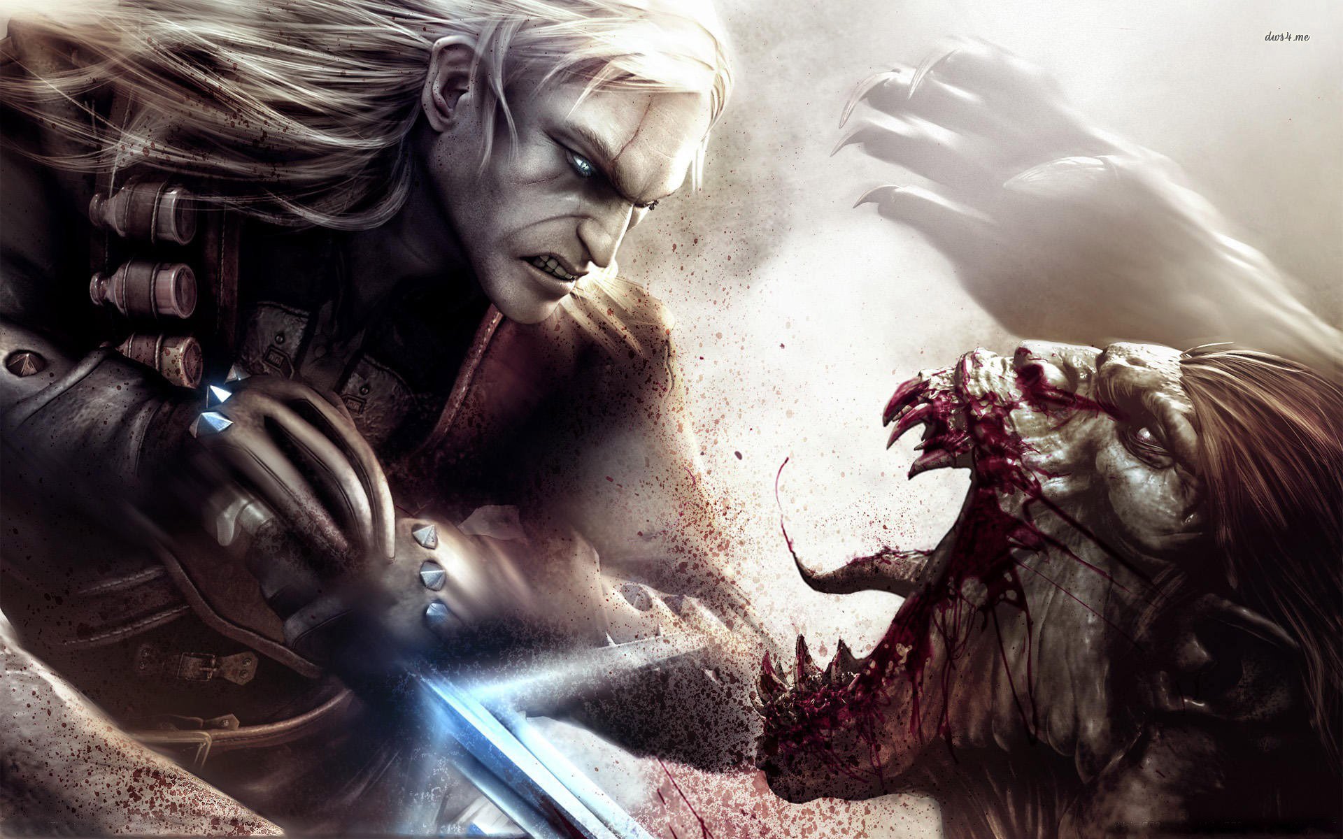 HD PC desktop wallpaper depicting an intense battle scene from the video game The Witcher, featuring a fierce warrior confronting a monstrous creature.