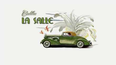 Vintage green Cadillac LaSalle coupe illustration with decorative palm leaves and gold script, rendered as an HD PC desktop wallpaper and background.