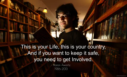 HD desktop wallpaper featuring Aaron Swartz in a library with shelves of books, accompanied by a quote emphasizing the importance of getting involved. Tags: hacker, technology, programming.