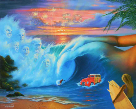 HD PC wallpaper featuring a surreal Beach Boys-themed beach scene with a large wave, surfer, vintage car, and ghostly faces in the sky at sunset.