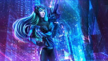 HD PC desktop wallpaper featuring Caitlyn from League of Legends in a futuristic, neon-lit environment, showcasing her detailed armor and long flowing hair.