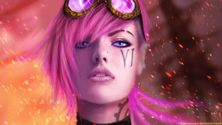 HD wallpaper featuring VI from League of Legends, with vibrant purple hair, purple eyes, and goggles on her head. A tattoo on her face adds to the fantasy character's striking appearance.