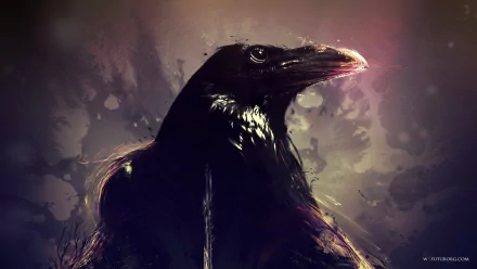 A striking HD wallpaper featuring a close-up of a crow against an abstract, colorful background, highlighting the bird's intricate details and dramatic presence.