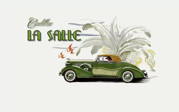 Vintage green Cadillac LaSalle coupe illustration with decorative palm leaves and gold script, rendered as an HD PC desktop wallpaper and background.