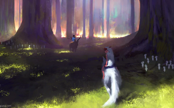 HD desktop wallpaper of Princess Mononoke featuring San and the Spirit of the Forest in a mystical, colorful forest setting.
