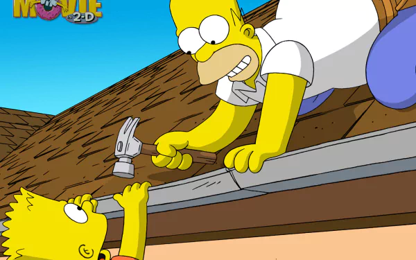 The Simpsons Movie HD PC desktop wallpaper: Homer on a roof hammering a nail while Bart reaches up holding the gutter below, bright cartoon scene from The Simpsons.