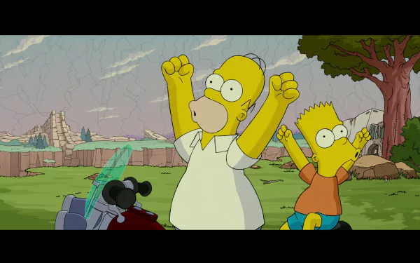 HD PC desktop wallpaper from The Simpsons Movie: Homer and Bart cheer with arms raised in a grassy, rocky landscape beneath a cloudy sky.