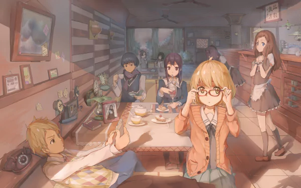HD desktop wallpaper featuring Beyond the Boundary characters Ai Shindou, Mitsuki Nase, Hiroomi Nase, Mirai Kuriyama, and Akihito Kanbara in a cozy cafe setting.