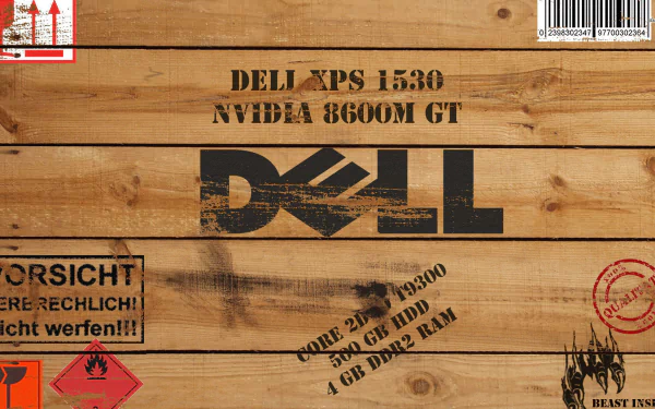 A visually striking HD wallpaper featuring a wooden crate design with the Dell logo, showcasing technical details of the Dell XPS 1530 and NVIDIA 8600 GT.