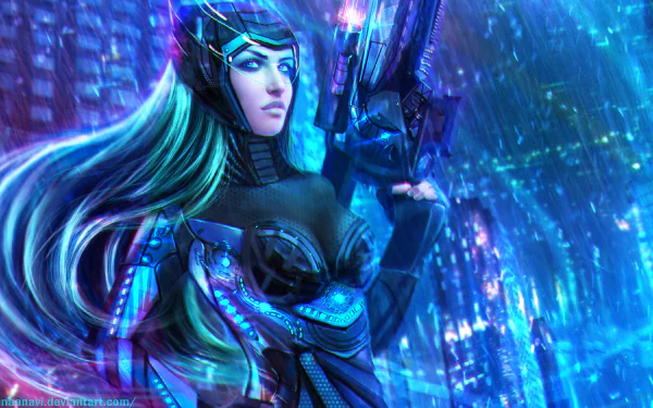HD PC desktop wallpaper featuring Caitlyn from League of Legends in a futuristic, neon-lit cityscape, showcasing vibrant colors and detailed video game artwork.