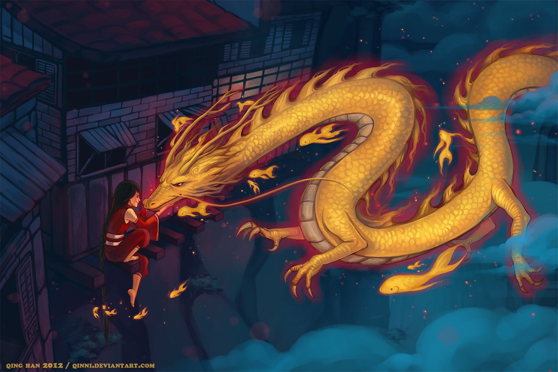 HD fantasy desktop wallpaper featuring a glowing golden dragon breathing fire toward a person in a dark, mystical urban setting.