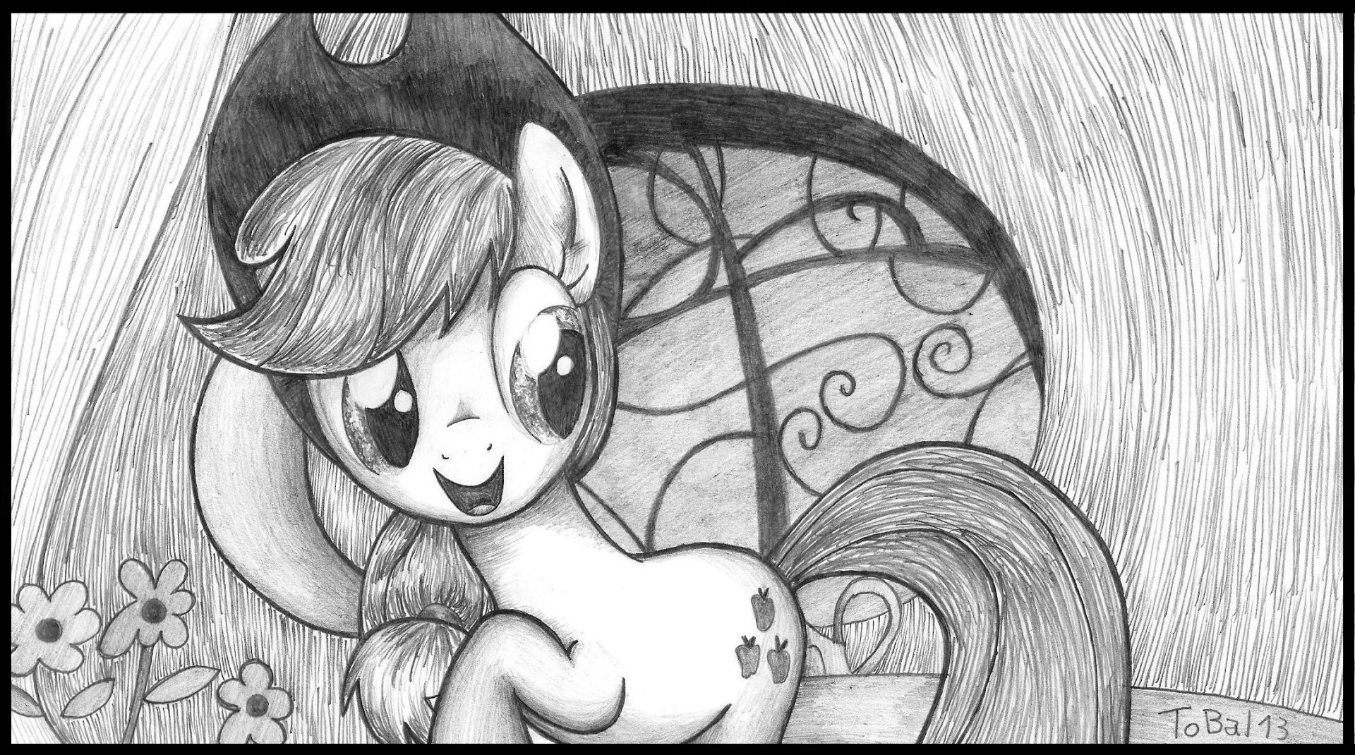Black and white HD desktop wallpaper featuring Applejack from the TV show My Little Pony: Friendship Is Magic, surrounded by floral and decorative patterns.
