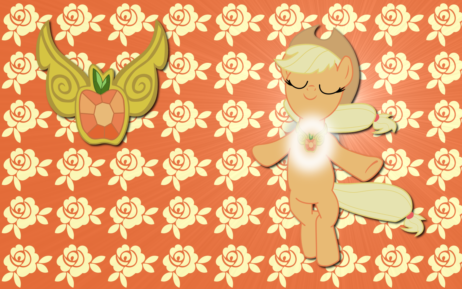 2K Quad HD PC wallpaper of Applejack (My Little Pony — TV show My Little Pony: Friendship Is Magic), eyes closed with a glowing cutie mark, on an orange repeating rose pattern with an apple emblem.