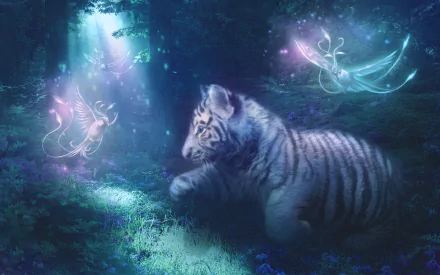 HD desktop wallpaper featuring a mystical forest scene with a young tiger and glowing fantasy creatures in a magical blue-toned setting.