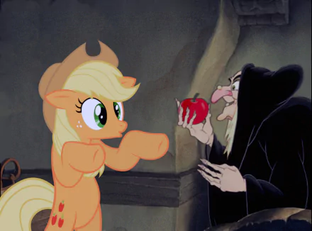 Applejack from *My Little Pony: Friendship Is Magic* confronts the Evil Queen from *Snow White and the Seven Dwarfs*, set against a dramatic background. HD desktop wallpaper scene.
