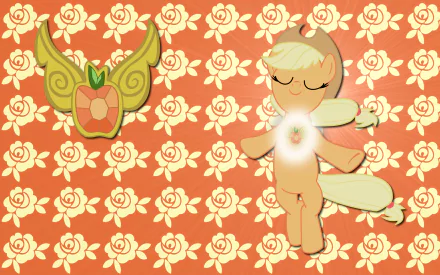 2K Quad HD PC wallpaper of Applejack (My Little Pony — TV show My Little Pony: Friendship Is Magic), eyes closed with a glowing cutie mark, on an orange repeating rose pattern with an apple emblem.