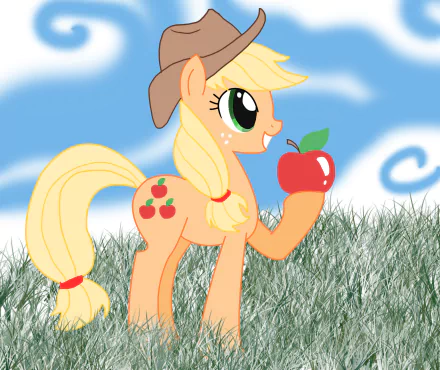 HD PC wallpaper of Applejack (My Little Pony: Friendship Is Magic): an orange pony with a blonde mane and three-apple cutie mark holding a red apple in a grassy field.