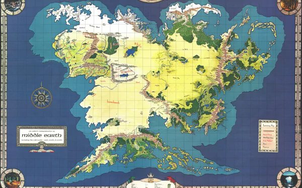 Detailed 8K Ultra HD fantasy map of Middle-earth from The Lord of the Rings, showcasing diverse terrains and regions in vibrant colors on a PC desktop wallpaper.