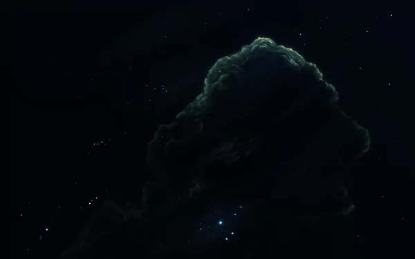 8K Ultra HD Sci-Fi desktop wallpaper featuring a dark space nebula with blue and green hues against a starry background.