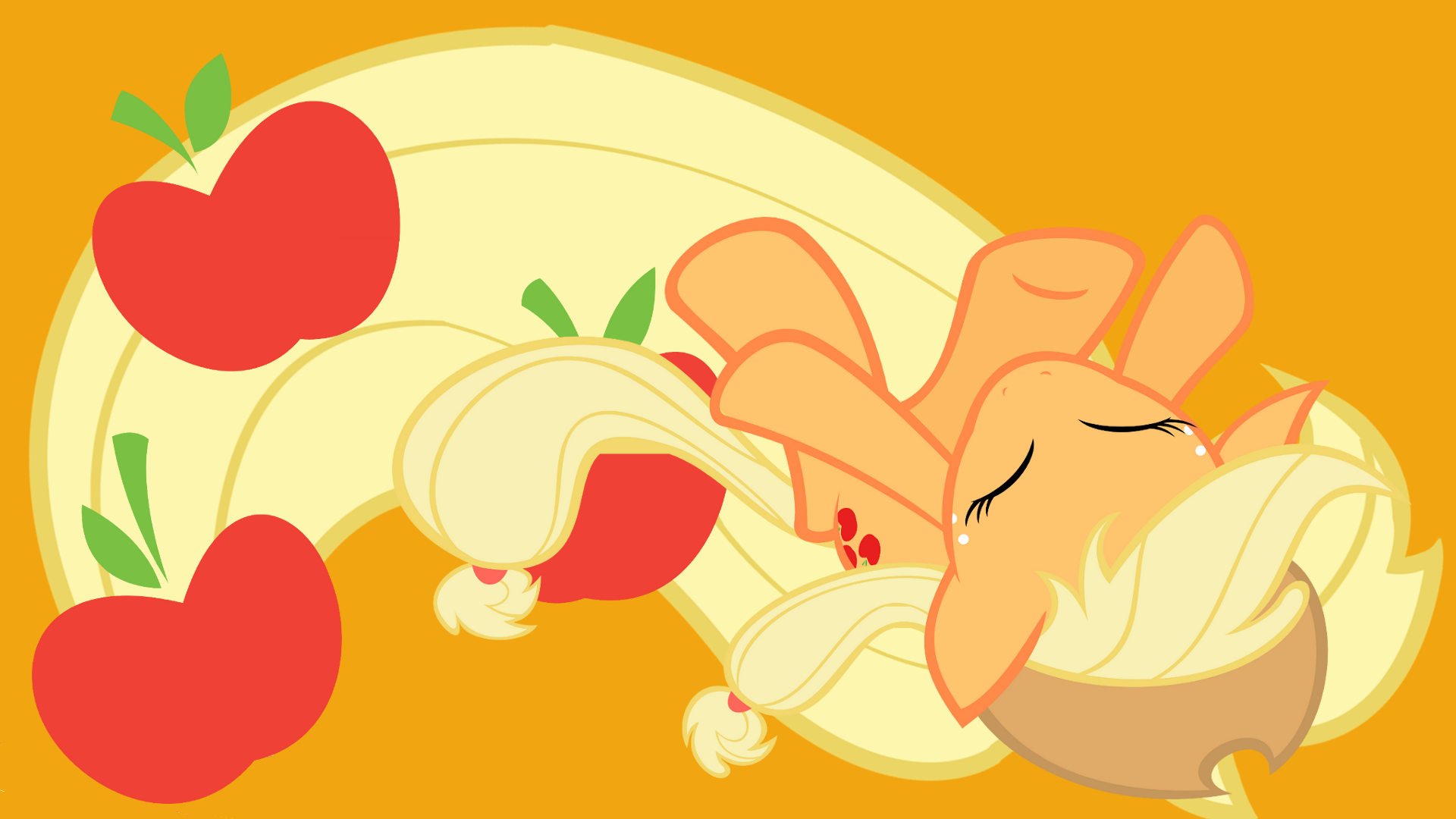 HD PC desktop wallpaper of Applejack from My Little Pony: Friendship Is Magic — sleeping with cowboy hat, flowing blonde mane and floating red apples on an orange background.