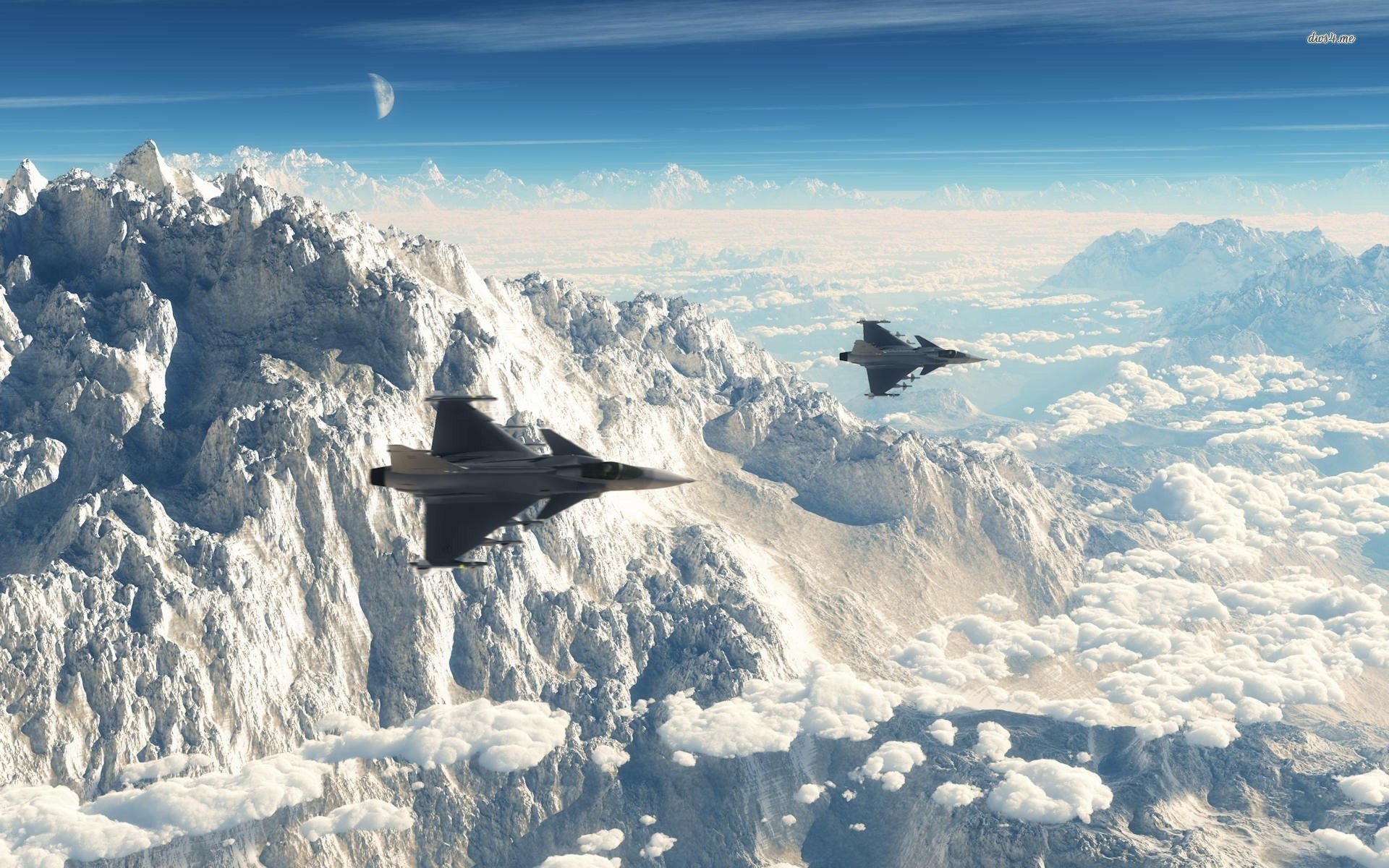 HD PC desktop wallpaper of two General Dynamics F-16 Fighting Falcon military jets flying over snow-covered mountains above a sea of clouds under a clear blue sky.