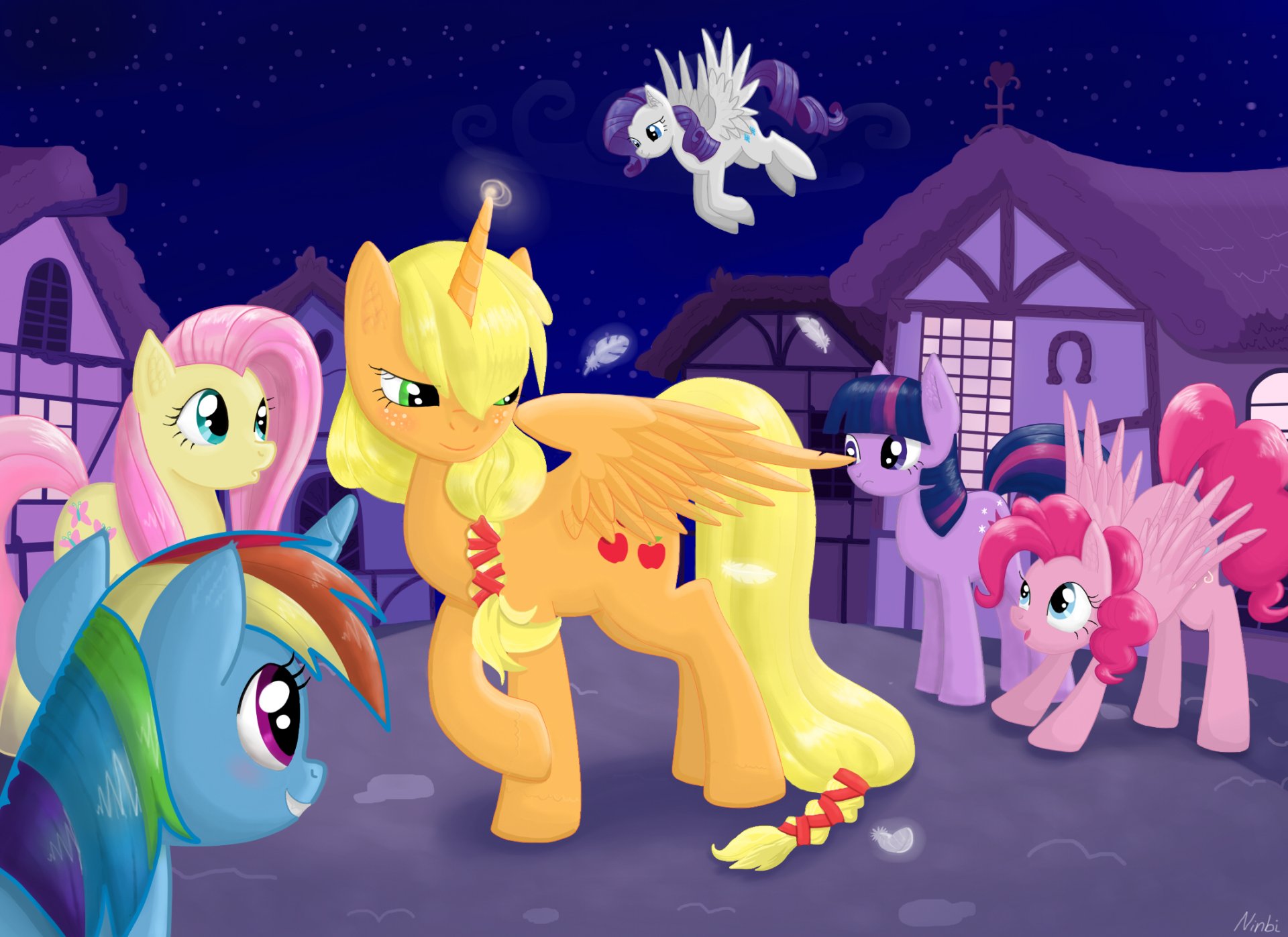 Colorful scene from My Little Pony: Friendship Is Magic, featuring Rainbow Dash, Pinkie Pie, Rarity, Fluttershy, Twilight Sparkle, and Applejack against a nighttime backdrop.