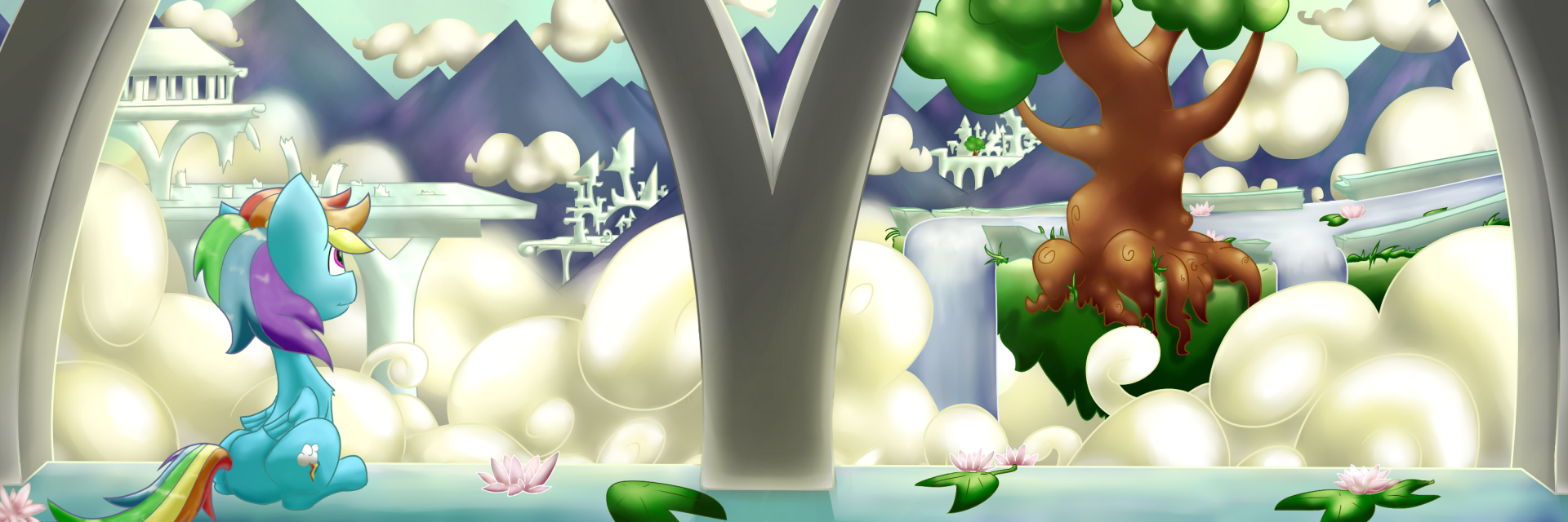 HD desktop wallpaper featuring Rainbow Dash from the TV show My Little Pony: Friendship Is Magic, set against a vibrant, fantasy landscape with waterfalls and floating islands.