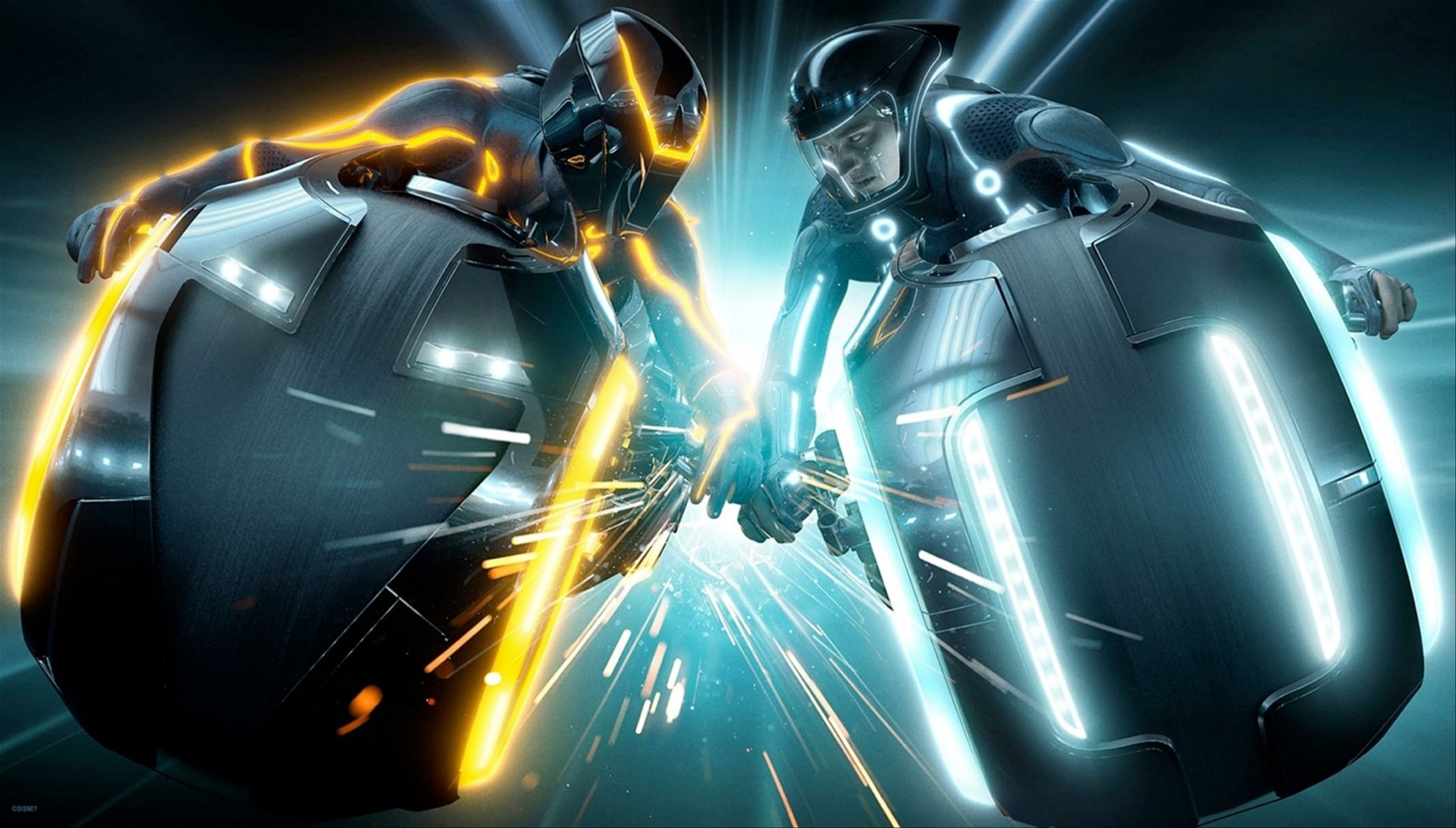 Two futuristic characters from TRON: Legacy engage in a dramatic light cycle battle, surrounded by vibrant neon glows and sparks, set against a dynamic digital backdrop. 