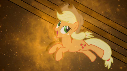 Applejack (My Little Pony: Friendship Is Magic) on an HD PC desktop wallpaper — a cheerful orange pony leaping across a golden nebula background with diagonal black lines.