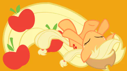 HD PC desktop wallpaper of Applejack from My Little Pony: Friendship Is Magic — sleeping with cowboy hat, flowing blonde mane and floating red apples on an orange background.