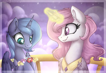 An HD desktop wallpaper featuring Princess Luna and Princess Celestia from My Little Pony: Friendship Is Magic, surrounded by a dreamy, cloud-filled backdrop.
