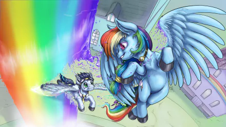 A vibrant HD wallpaper featuring Soarin and Rainbow Dash from *My Little Pony: Friendship Is Magic*, showcasing their joyful flight alongside a colorful rainbow.