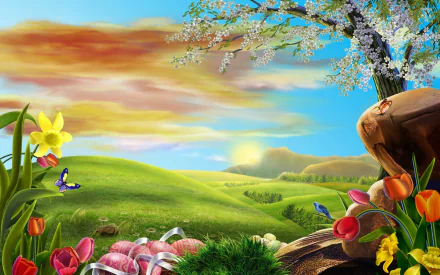 A vibrant Easter landscape features colorful eggs nestled among blooming flowers, a serene tree, and a bright sky, creating a cheerful holiday atmosphere in HD wallpaper style.