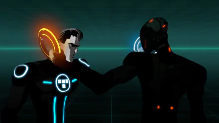 Tron: Uprising HD PC desktop wallpaper: glowing-suit protagonist confronts a shadowy foe on a neon grid, blue and orange identity discs aglow.